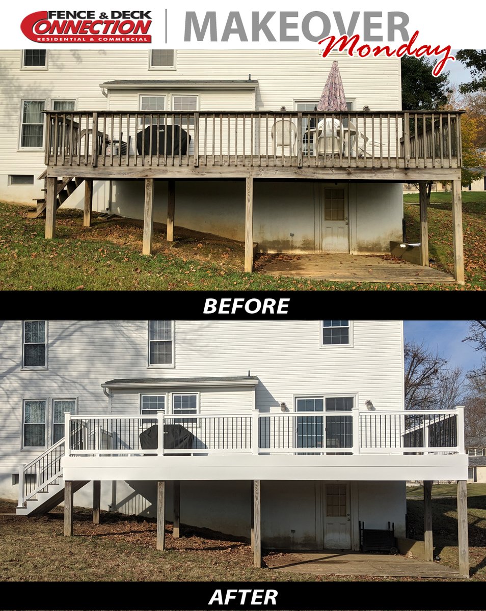 #MakeOverMonday: Re-Deck in Columbia, MD:
- Trex Transcend Island Mist composite deck boards
- White vinyl railing with black aluminum balusters
- White vinyl fascia around perimeter of deck

#BeforeAndAfter #ReDeckYourDeck #TrexDecking #NewDeck4U #InstallYearRound #BrandNewDeck