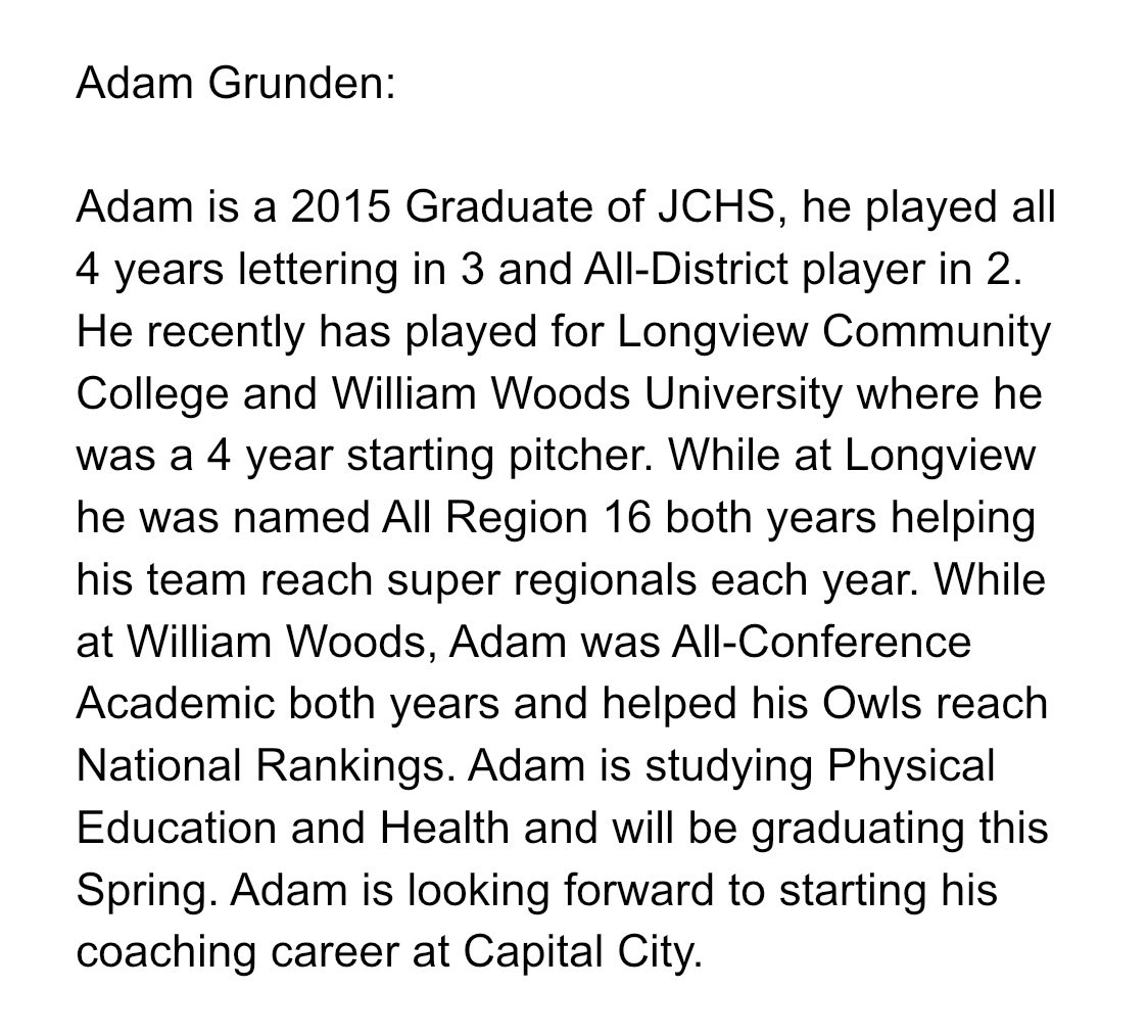 cccavs_baseball's tweet photo. We would like to welcome Adam Grunden to the Capital City Baseball staff! https://t.co/rSMdHrWrBs