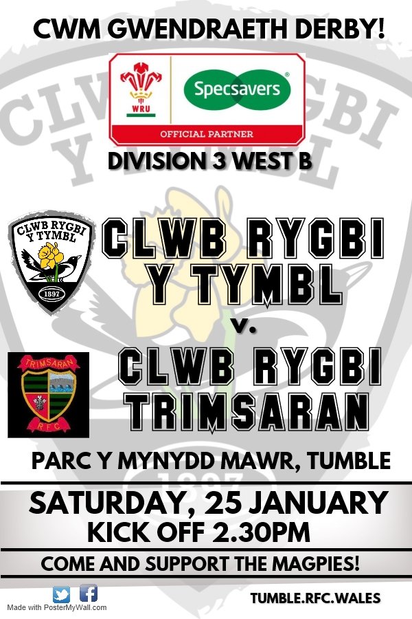 TumbleRFC's tweet photo. Cwm Gwendraeth Derby! 
Big game as we welcome table topping Trimsaran to Tumble.

📆 25/1/20
🏆 Division 3 West B
🆚 @TrimsaranRugby
🏟️ Parc y Mynydd Mawr
⏰ 2.30PM

@AllWalesSport

#YmlaenYPiod 
⚫⚪⚫⚪⚫⚪⚫⚪⚫⚪⚫⚪ https://t.co/DO6TdBuwDf