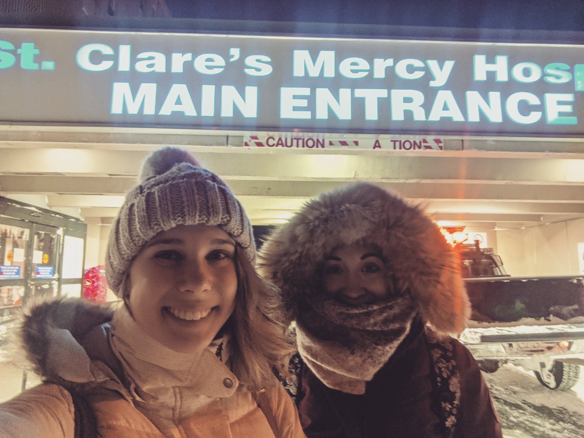 Dr. Samantha Pomroy (L) &amp; Dr. Kayla Furlong (R) finishing their shift after working 33.5 hours at St. Clare’s this weekend. The pair walked back to Dr. Furlong’s house until the weather permitted Dr. Pomroy to get home. Thank you for your commitment to the people of the province.