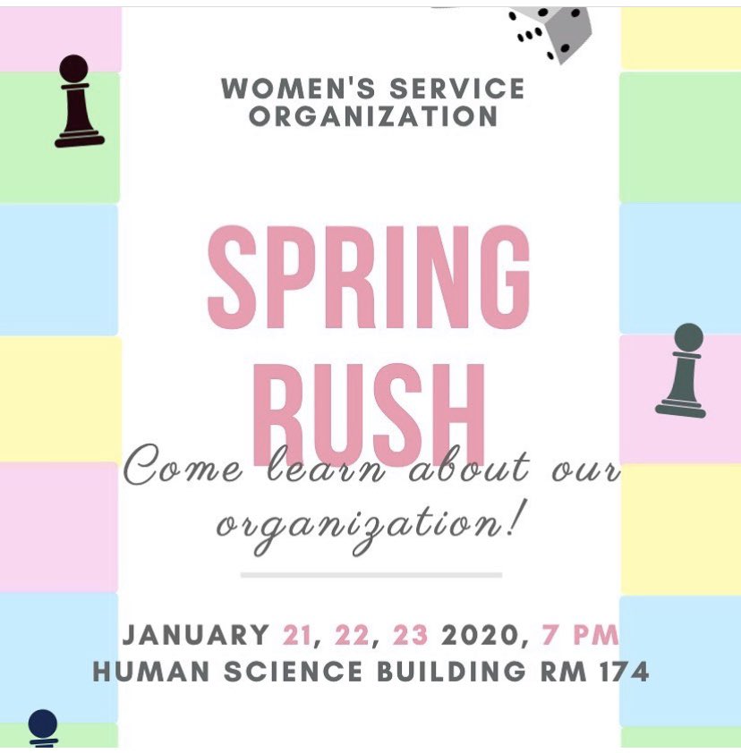 Join us tomorrow through Thursday for rush meetings to get more info about pledging with WSO!! Can’t wait to meet y’all
