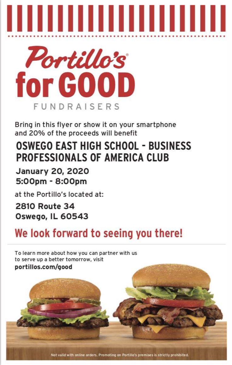 OEHSBPA's tweet photo. Hey everyone! Starting right now, if you plan on going to Portillo’s for dinner, make sure to show them this flyer to help raise money for BPA. https://t.co/QX3qZNC9n3