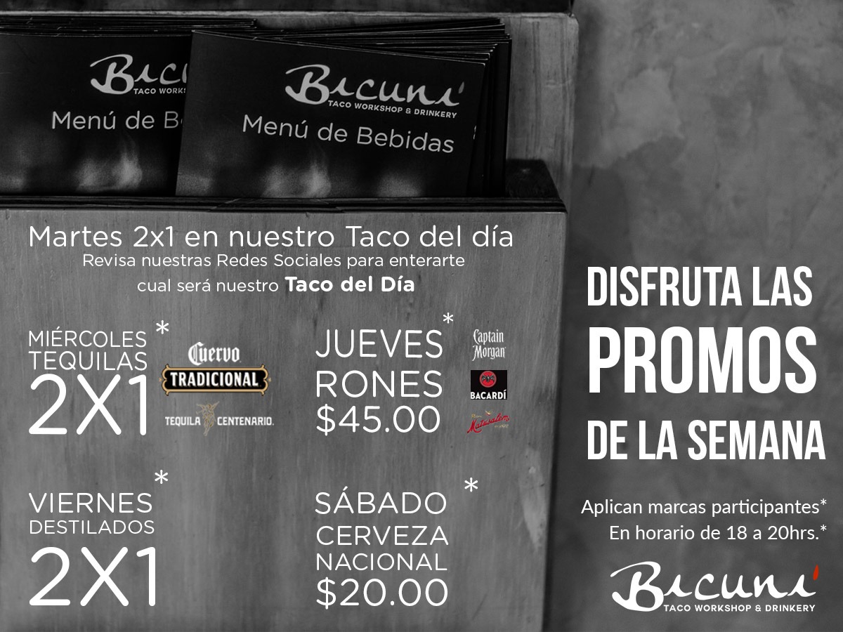 bicuniqro's tweet photo. Te compartimos las promos de la semana para que nos visites de Martes a Domingo. Solo en Bicuni  #CentroSur #Querétaro #TacosGuapos 
.
.
.
#TacoWorkshop #TacoRevolution #Queretaro #Mixología #realfood #foodiemx #gastronomiamx https://t.co/wOmeQjjfx2