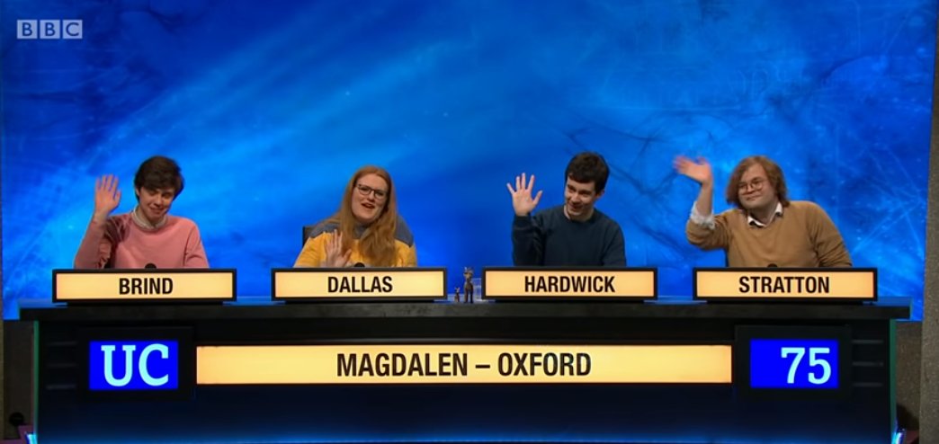 I'm sad our #UniversityChallenge is over. I had endless fun quizzing with my team, and I'm utterly grateful to the producers for enabling us to quiz together on TV.Dominic, Josie, Harry and (res.) Dan - you are all wonderful, brilliant people. It's been an honour and a joy <3