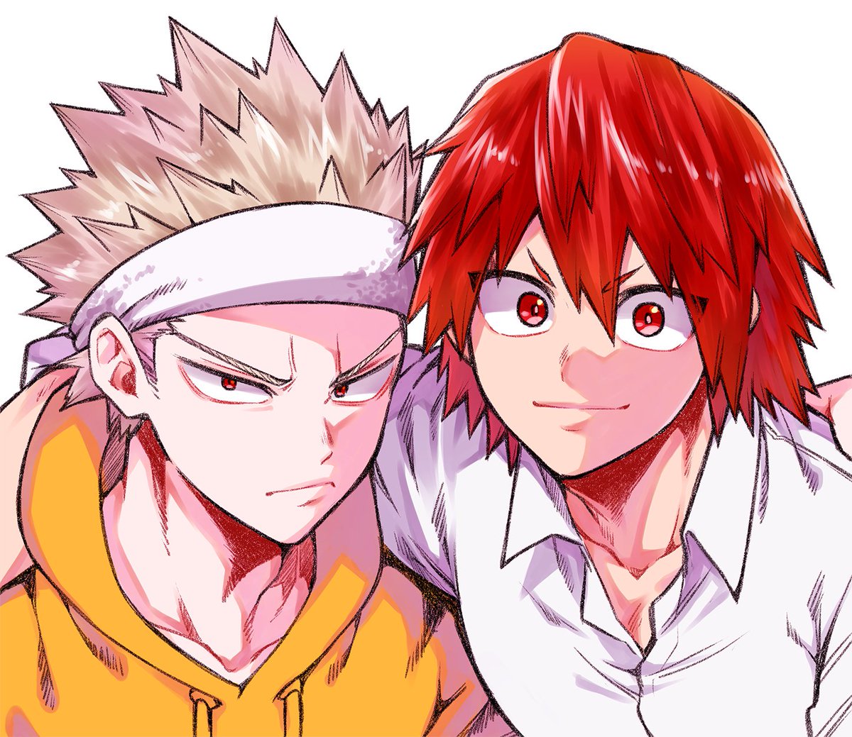 bakugou katsuki red eyes 2boys multiple boys blonde hair male focus red hair hood  illustration images