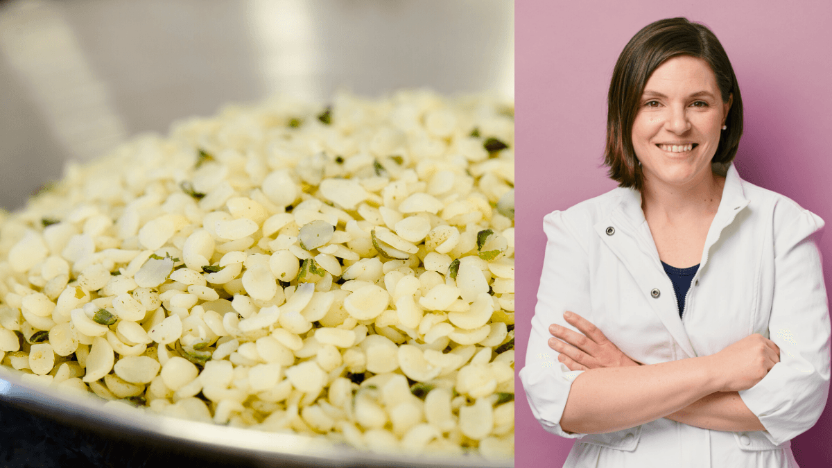 Photo: Composite image shows a bowl of hemp hearts (hulled hemp seeds) and Hilary Kelsay posiing against a purple background.