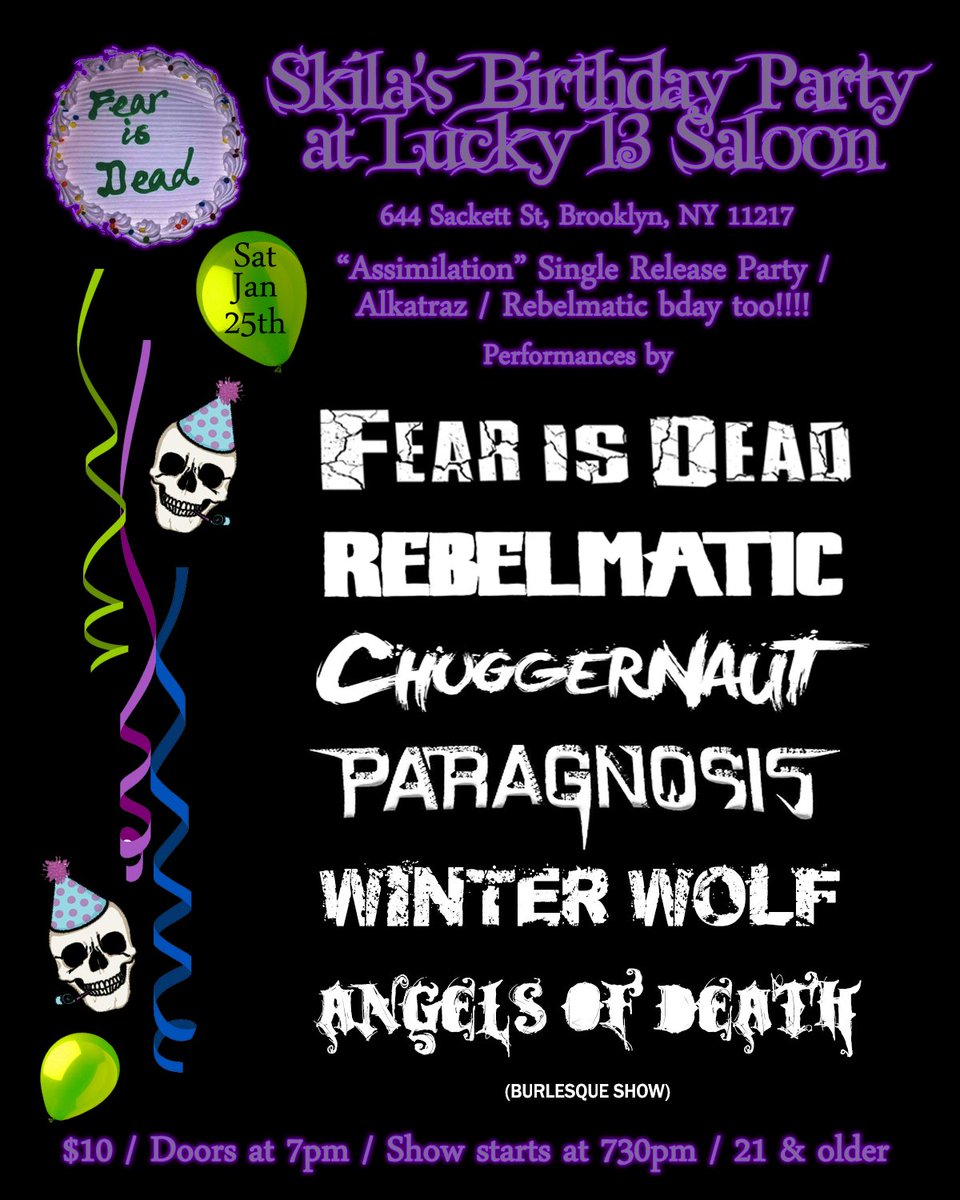 Skila's tweet photo. 7pm Sat Jan 25th @Lucky13Saloon in Brooklyn. Join us for another episode of debauchery and madness, Fear Is Dead style
#fearisdead #threepointohh #lucky13saloon #assimilation https://t.co/a8HezHGDeg