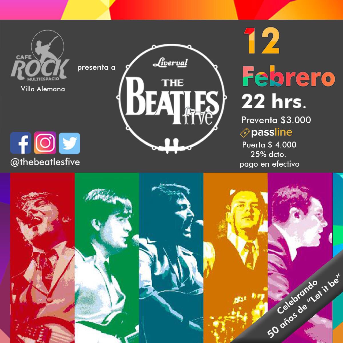El Miércoles 12 de Febrero nos encontraremos en Multiespacio CAFÉ ROCK de Villa Alemana a las 22:00 hrs., para disfrutar de las más variadas canciones de la discografía de The Beatles, incluyendo las grandes baladas, rock y sicodelia de los chicos de Liverpool. 
¡¡¡Los esperamos!