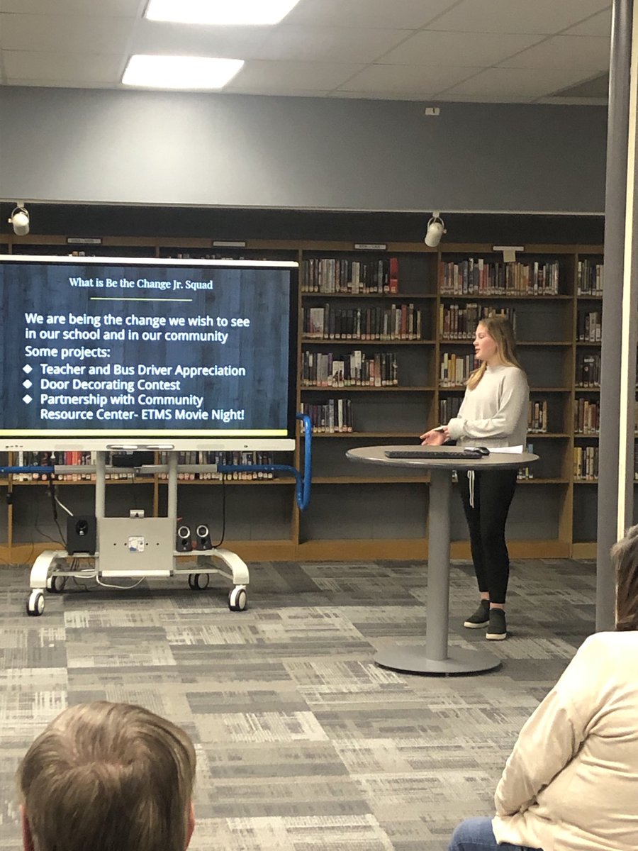 SyensP's tweet photo. ETMS Be the Change Jr. Squad member Molly Pluess and Mrs. Iserloth present to the board changes to ETMS based on student voice and data collection.  Great job and thank you! ⁦@etmstrojans⁩ ⁦@ETCSD⁩ #ETlearningignitED https://t.co/VEoeuZBGgj