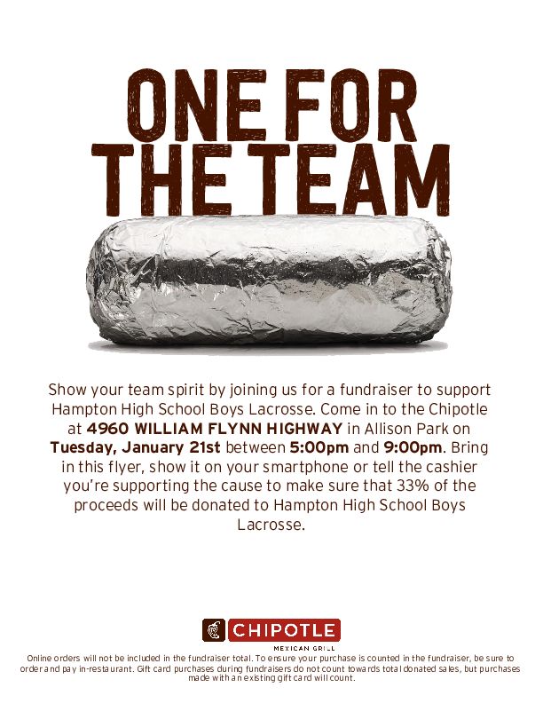 TalbotLAX's tweet photo. Come out to support HBL at the Chipotle Fundraiser this Tuesday night! Make sure you show the cashier or tell them you are there to support us! https://t.co/HdeXSQY6oG