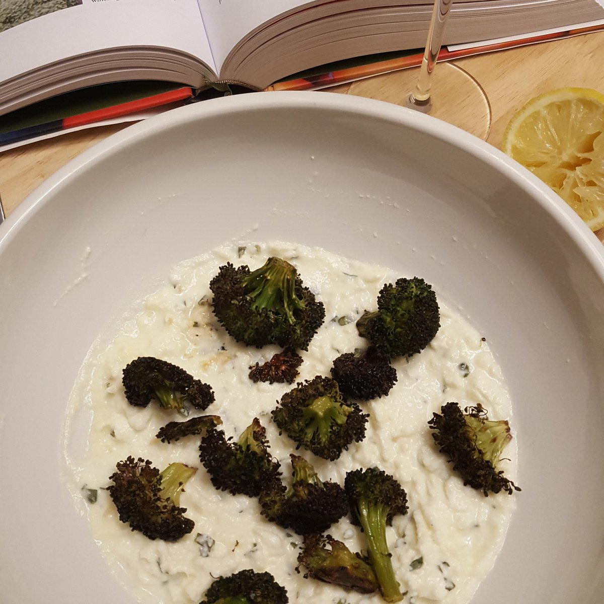 AmandaDeverich's tweet photo. Consulted my Vegetarian Flavor Bible to spruce up today's recipe. Crispy broccoli on feta and ricotta cheese w/lemon, garlic, & basil. In the end, not particularly creative, but particularly yummy. Learning w/#Cook90. @ABoveWill @DavidTamarkin https://t.co/1hz6SN6mlE