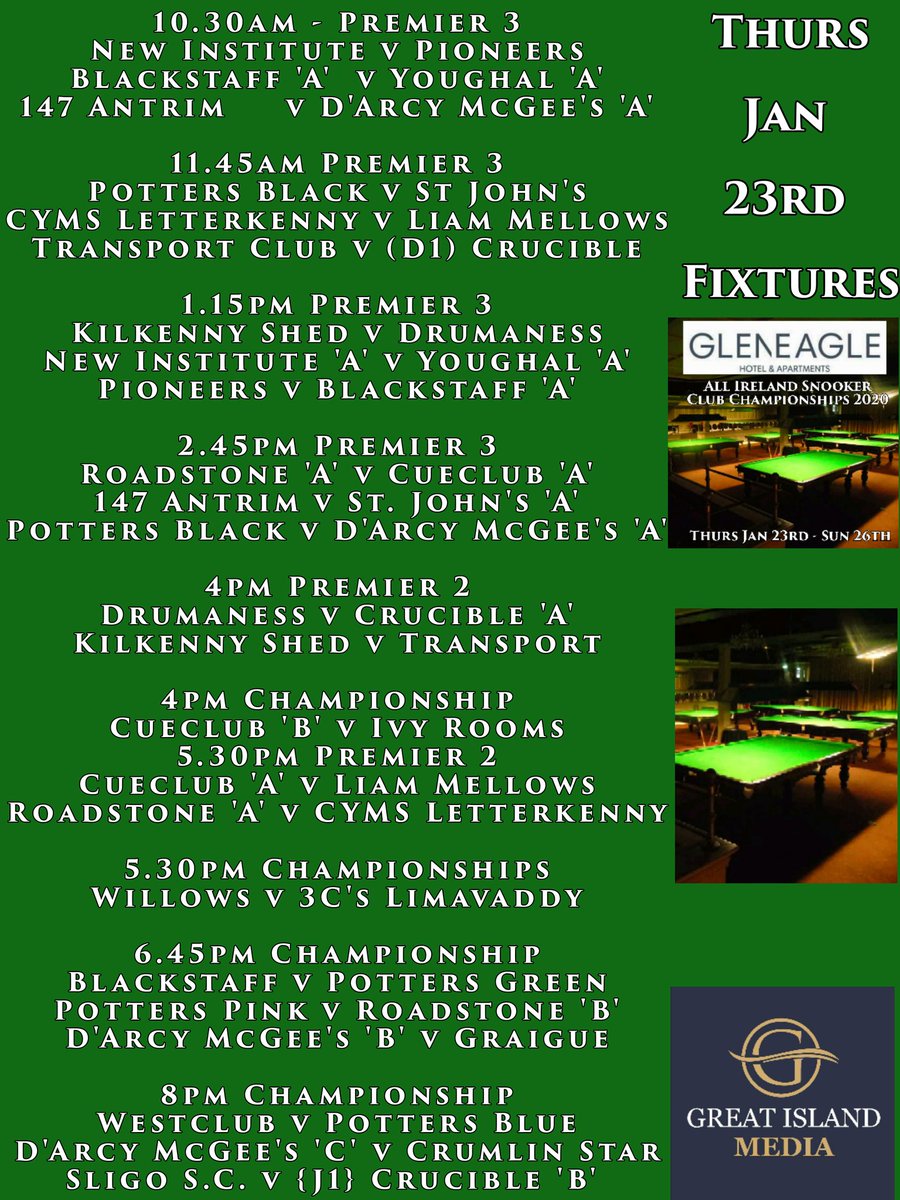 CrucibleCork's tweet photo. All Ireland Snooker Club Championships Fixtures

@GleneagleHotel

#Cork #Ireland #Killarney2020 #AllIrelandClub2020 #Snooker @GreatIslMedia @pjcoach147 https://t.co/ctUojaF70Z