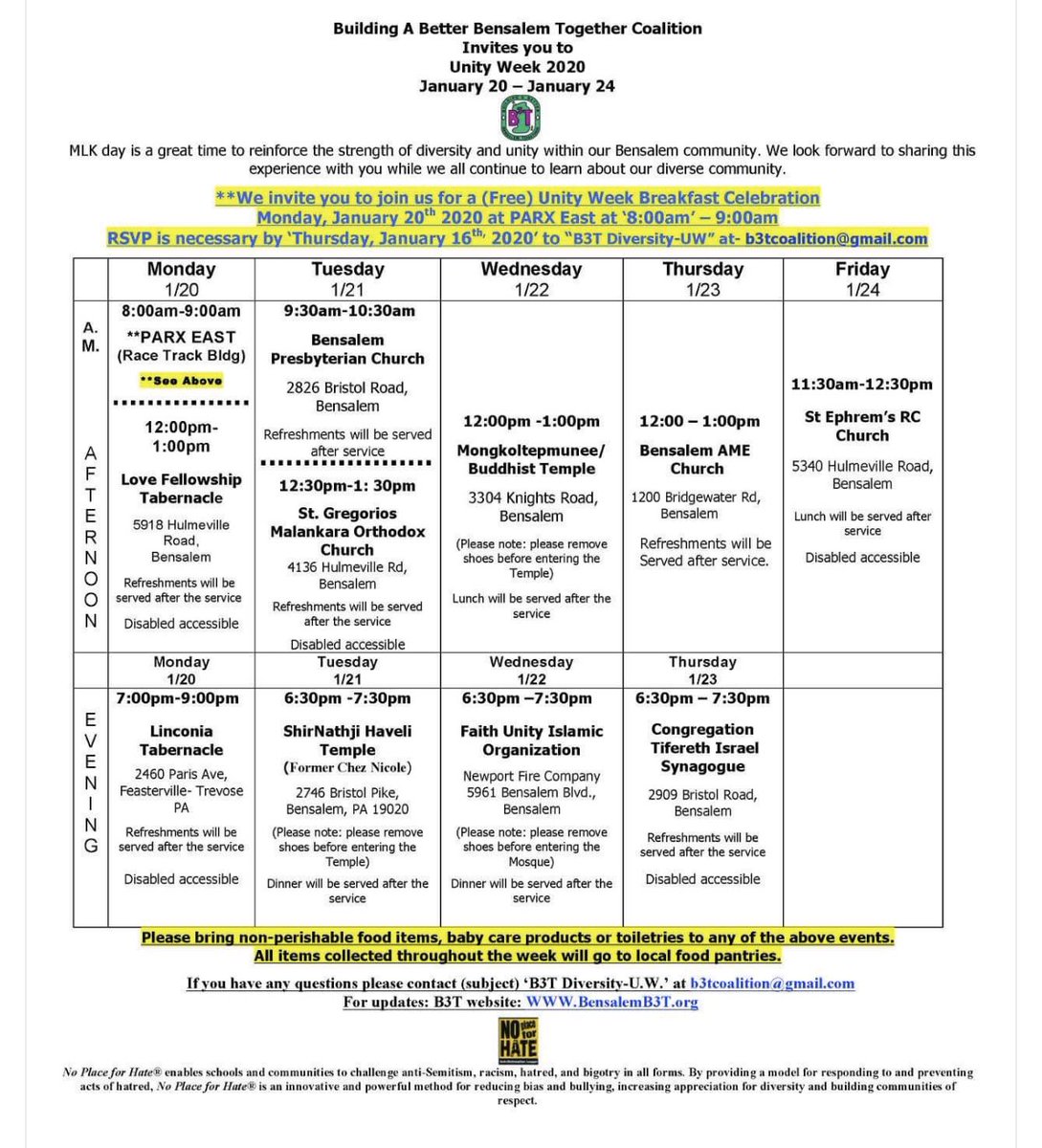 RachelFingles's tweet photo. It’s Unity Week in Bensalem, which means our houses of worship open their doors for everyone to learn about our diverse community. Please come join us whenever you can for this unique opportunity! https://t.co/SVYnghZt2f