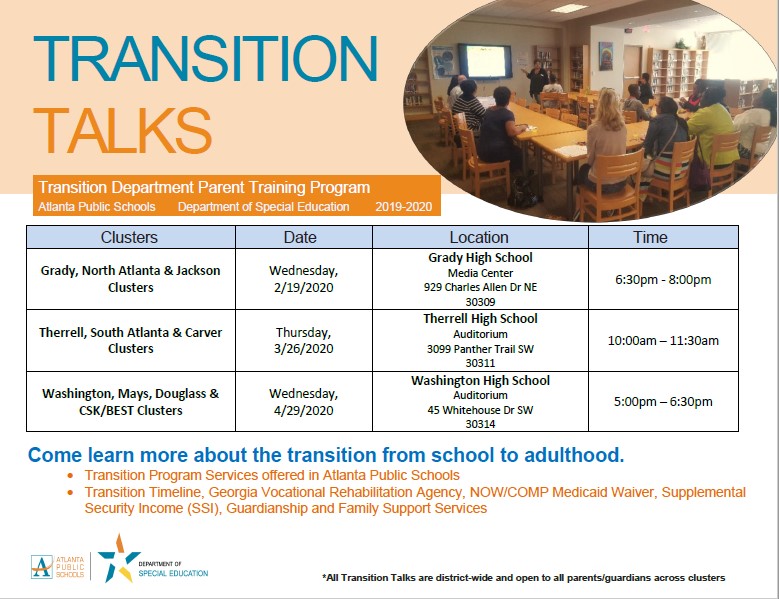 APSTransition's tweet photo. Join us this spring for our Transition Talks parent training events! First talk is Feb 19th, 6:30pm at Grady HS #dsemissionpossible @APS_DSE @KLovettDSE @CarolynCharris @TroyDKeller @emmaundia https://t.co/HbBWatGV7d