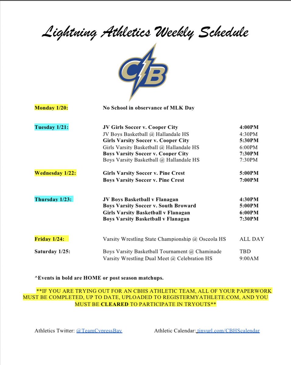 TeamCypressBay's tweet photo. Oh, hey! Here’s another week ahead in athletics after observing Dr. King’s Birthday today. It also means lots of spring tryouts start tomorrow!! #track @cbhs_wapo #tennis @CB_Softball @TheBayBaseball @PrincipalCBHS @CB_Athletics @cbgirlssoccer @CBboyHoops ⚡️⚽️🏀🤼🎾🥎⚾️🤽🏽🤽🏽‍♂️ https://t.co/SgEKbqLvyp