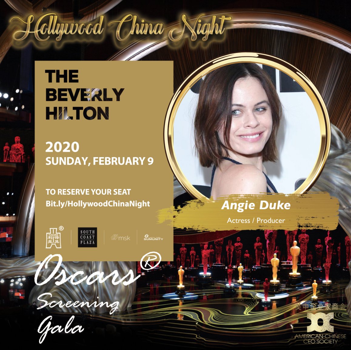 oscarchinanight's tweet photo. Special Invited Celebrity: Angie Duke
She is an actress and producer, known for 6 Years, 4 Months &amp; 23 Days (2013), Exit 0 (2019) and Burning Kentucky (2019). We're thrilled to have her!

Celebrate with us #Oscars2020:
https://t.co/ZV4Z4ljF6w https://t.co/k1Ahn400Gt