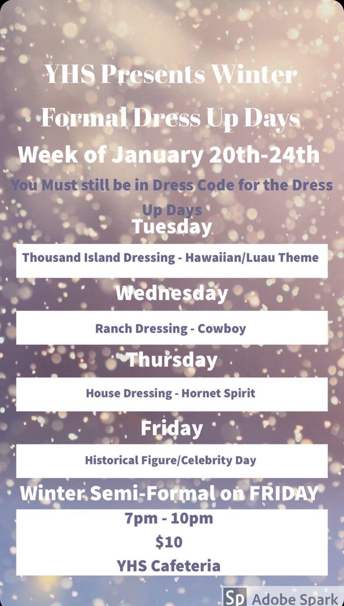 YHS_SGA's tweet photo. Tomorrow is the start of our dress up week for semi-formal.Make sure to be involved and participate in ‘tis weeks activities!! https://t.co/iLwk77KtvH
