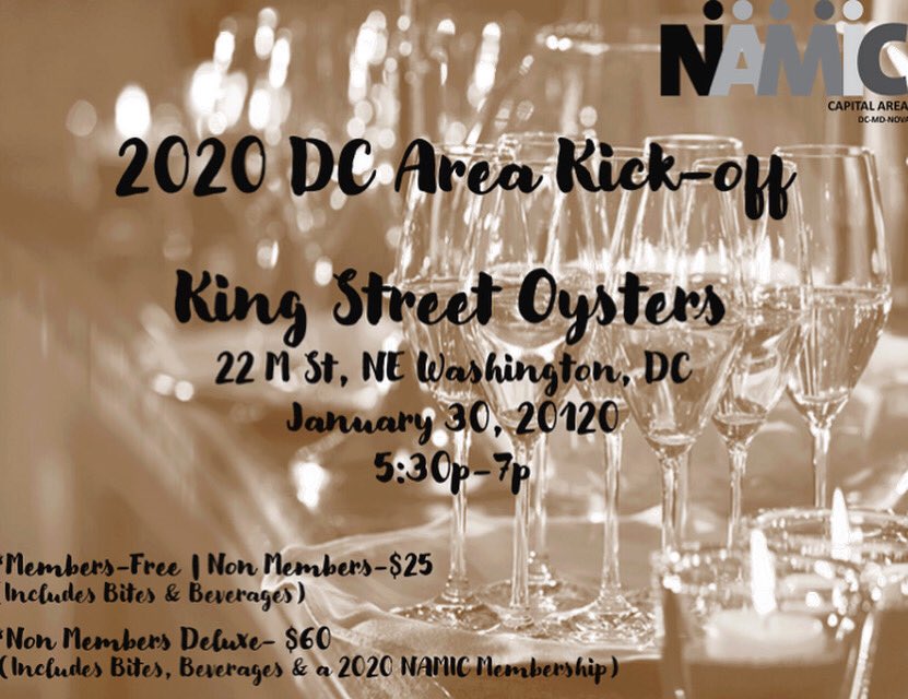 NAMIC_CapArea's tweet photo. Join us for the 2020 D.C. Area Kick-off Mixer on Jan. 30. Come mingle, meet new board members, and learn about our 2020 vision. Register here: https://t.co/XsdihQ0j5F https://t.co/NuizsmlTII