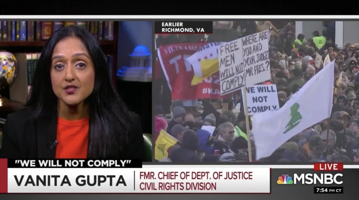 Screenshot of Vanita Gupta appearing on All in with Chris on MSNBC.