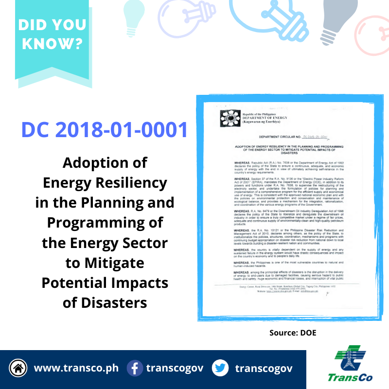 transcogov's tweet photo. Did you know that, in 2018, the Energy Sector adopted an Energy Resiliency Policy to mitigate potential impacts of disasters?

Source: Department of Energy

#TransCo https://t.co/pbW3cO5n95