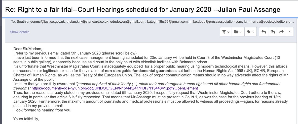 Katya_Compass's tweet image. My latest email to Southlondonmc@justice.gov.uk Cc to Courts and Tribunals Media Access Working Group et al. 🔽
#FreeAssangeNow 
#RightToFairTrial
Cc @greekemmy @WISEUpAction @DefendAssange @wikileaks @NilsMelzer @khrafnsson @Unity4J @MrsC_Assange