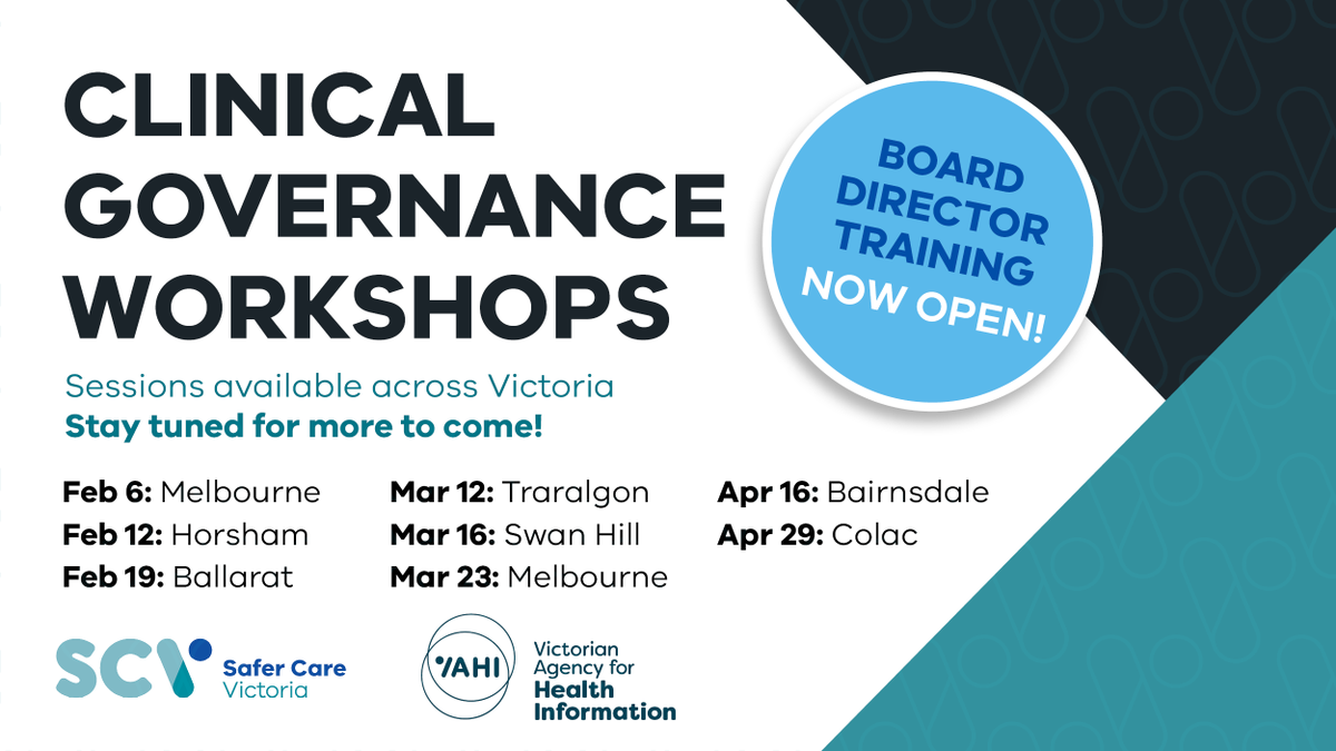 SaferCareVic's tweet photo. 📣 Calling all board directors! Registrations for our clinical governance workshops are now open. Delivered in partnership @VAHI_Vic these sessions are perfect for health board inductees or board directors looking for a refresh. ➡️Register now at https://t.co/m7BzPMAV1E https://t.co/2PDSv8v17t
