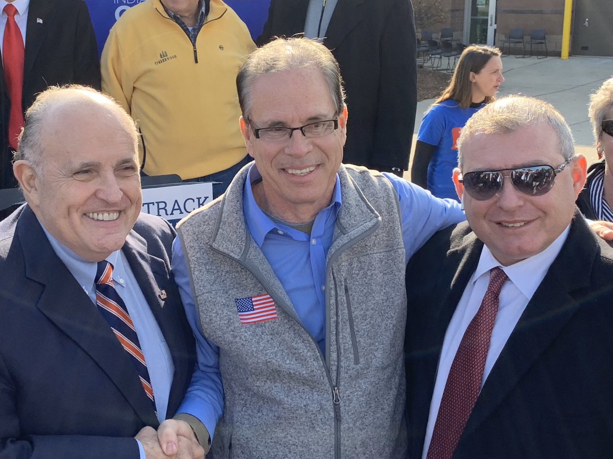 josephabondy's tweet image. Here’s a nice shot of the latest @GOP senator/juror—Mike Braun of Indiana—afraid to call Lev Parnas as a witness at the impeachment trial, posing with, of course, Lev Parnas and @RudyGiuliani. #LevRemembers #LevSpeaks #LevIsEverywhere #TheyAllKnew