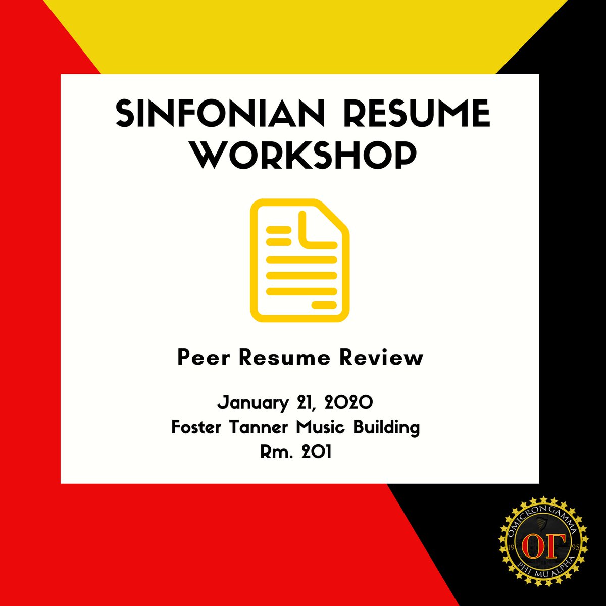 OG_SINFONIA's tweet photo. 📑Are you having trouble updating your resume or don’t know where to begin? TOMORROW, Tuesday, January 21, 2020 at 7pm, join the Brothers of the Omicron Gamma Chapter for a Sinfonian Resume Workshop in Foster Tanner Music Building, Room 201. We look forward to seeing you there! https://t.co/Qo3o5I6M6i