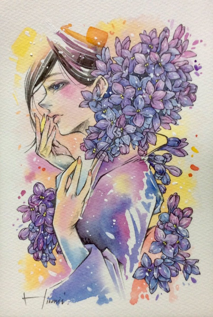 Hiro兄 ピンク ライラック 紫 Purple Lilac 恋の芽生え 初恋 思い出 バレンタイン企画展用に オリジナルイラスト イラスト 絵 女性画 水彩画 透明水彩 花言葉 Drawing Illustration Watercolor Watercolorpainting