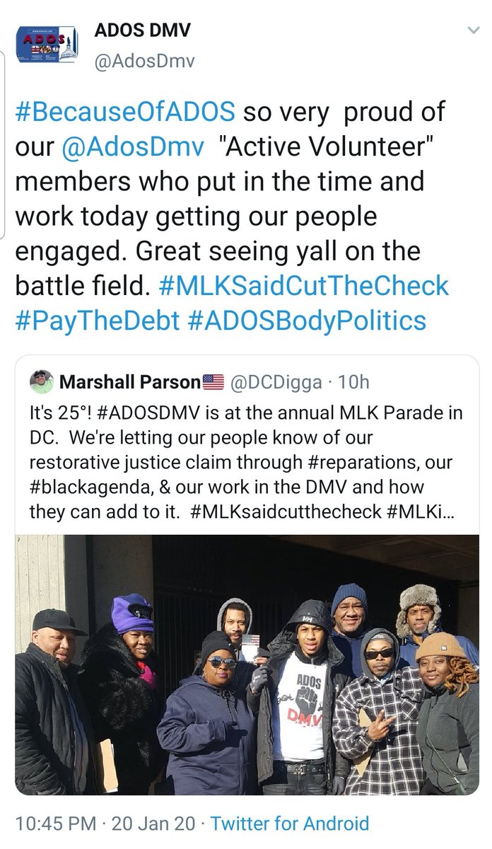 CAPTaskforce's tweet photo. @Mike_Dean81 @ProfBlacktruth Sorry I took so long to reply. We were out putting in work today. See #BecauseOfADOS my social media time is limited. Hope yall had a good day of service. Took in some parades I hoped.
#MLKSaidCutTheCheck #PayTheDebt #MLKisADOS #WeAreADOS #MLK #BlackAgenda #ADOSBodyPolitics https://t.co/gN1j0OOCR8