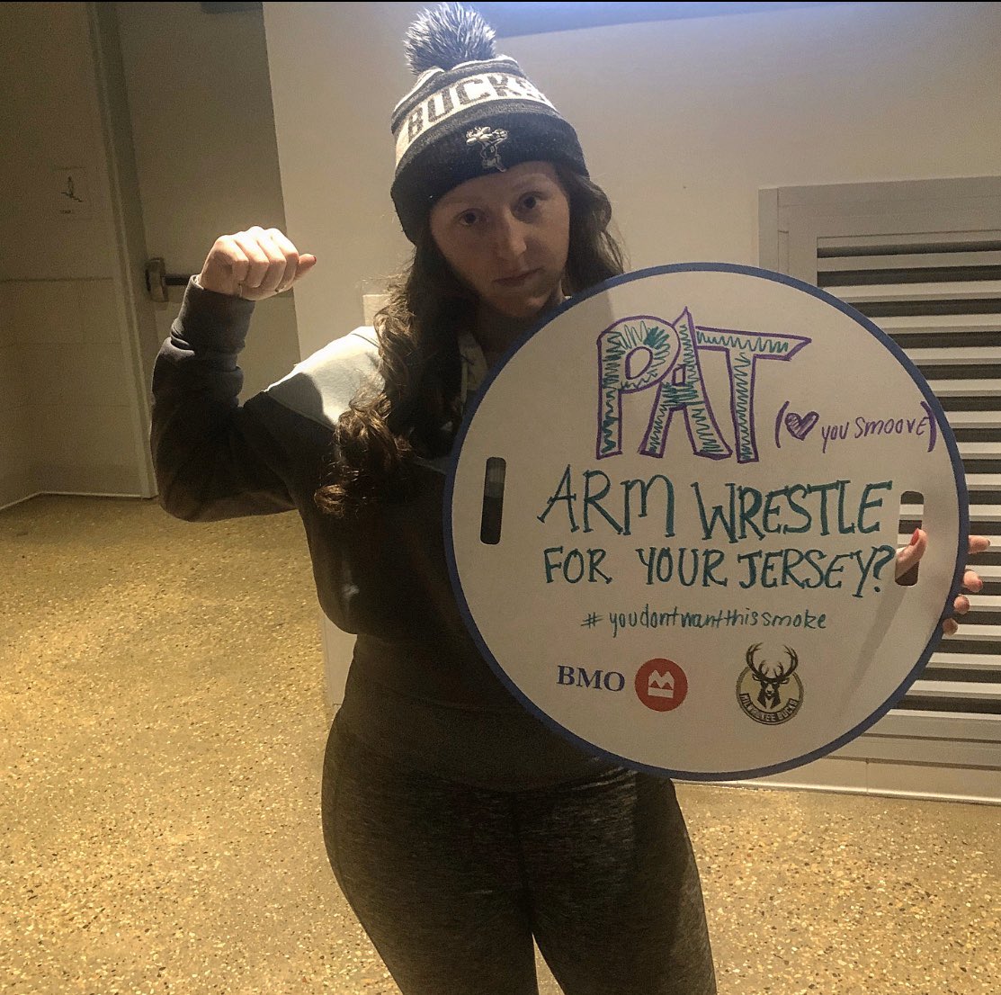 BrittSchmidt30's tweet photo. @pconnaughton I’ll give you the hope of the doubt that you didn’t see my sign and turn down a challenge. Offer still stands. @Bucks https://t.co/z8topwb5Wk