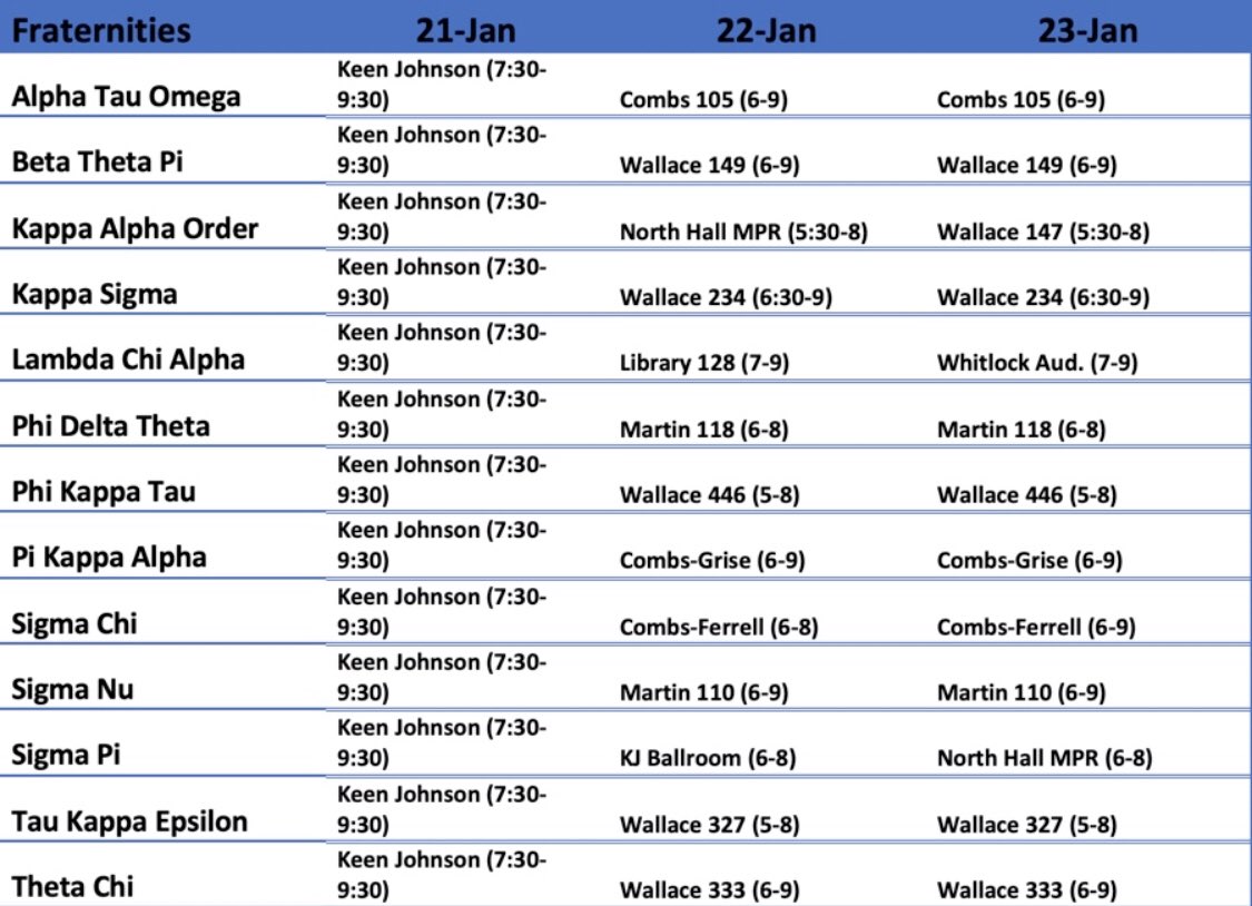 This is the official times and meeting places for recruitment this spring recruitment. Make sure to sign up with the link in the bio!