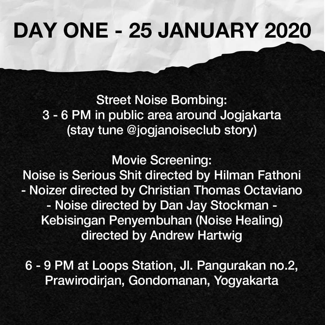 pamityang2an's tweet photo. JOGJA NOISE BOMBING FESTIVAL 2020
25-26 Januari 2020
.
25 Jan
*Street Noise Bombing
3-6 PM at public area around Jogjakarta
(stay tune at https://t.co/QxiW46gEMu IG story)
*Movie Screening
6-9 PM at Loop station
.
26 Jan
4 - 10 PM at Pendhapa Art Space
.
Info : @jogjanoisebomb https://t.co/TGVIM1hhTX