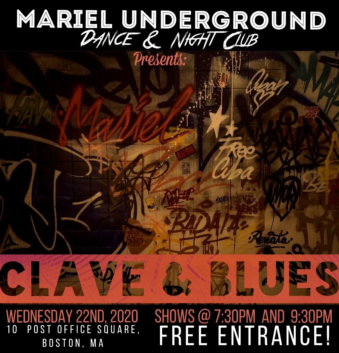 claveandblues's tweet photo. This Wednesday, we are doing two shows at @marielunderground.  Bring your friends. Eat, dance, and enjoy the performance! 

#claveandbluesshow https://t.co/YU1FLxN3oe