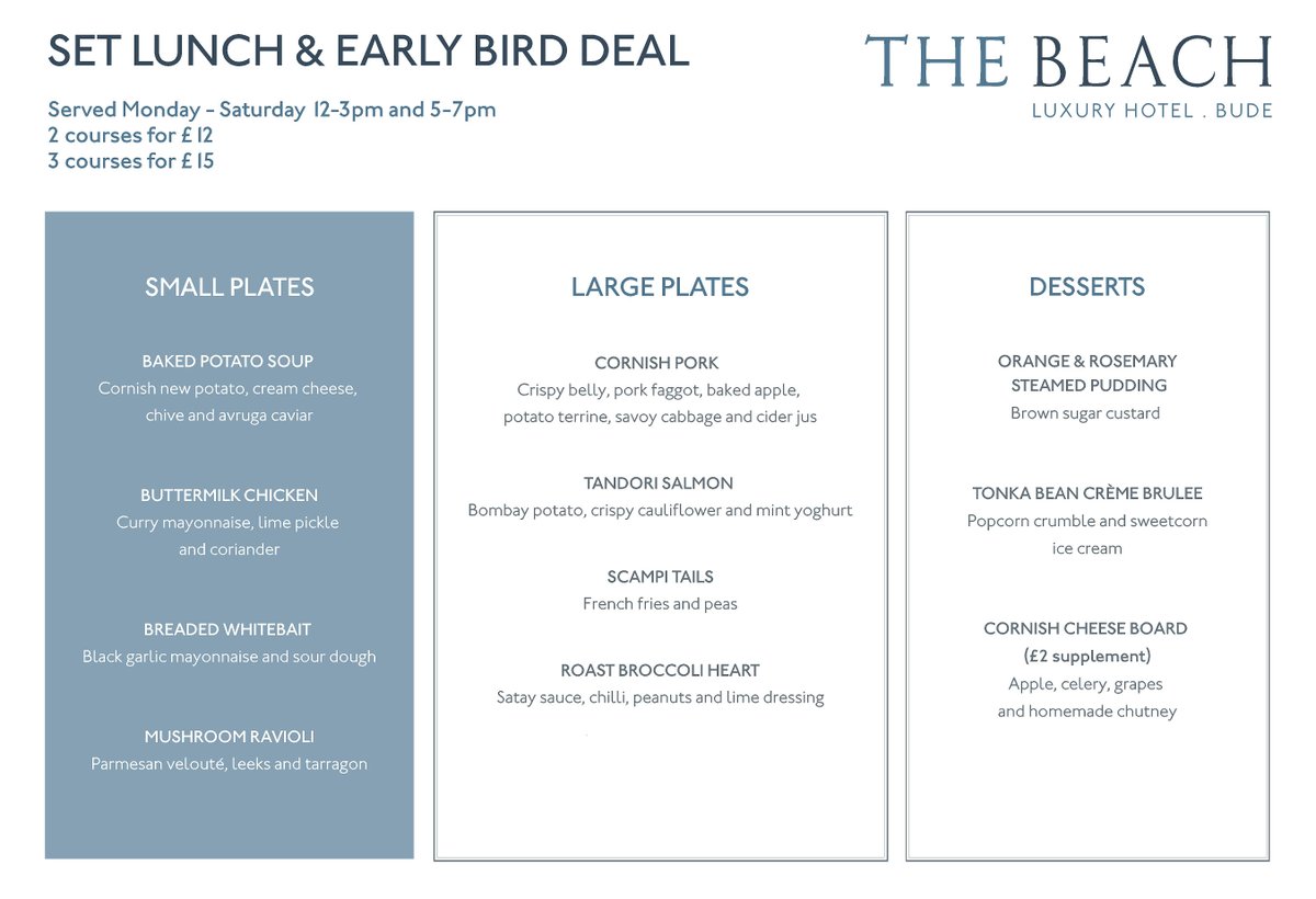 Many of you have been asking to see a copy of our sample lunch menu, here is it. Join us for our set lunch deal of two courses for £12, and three for £15, by calling 01288 389800 to book a table.