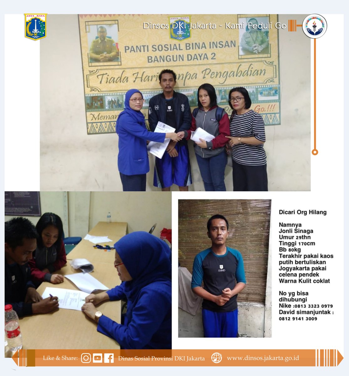 DinsosDKI1's tweet photo. #KawanSosial , Alhamdulillah Orang Terlantar Bernama Jonli Sinaga 29 thn, yang di beritakan Hilang, kini sudah berkumpul dengan keluarganya. #Minsos berterima kasih kepada Rekan Rekan yang sudah menyebarkan Info Orang Hilang.

#DinsosPeduli #KamiPeduliGo #DinsosDKI https://t.co/edUWorPXgD