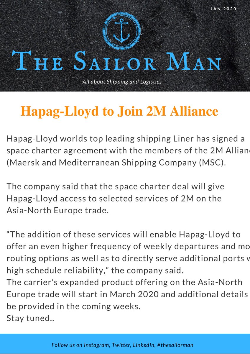 TheSailorMan4's tweet photo. @HapagLloydAG worlds top leading shipping Liner has signed a space charter agreement with the members of the 2M Alliance ( @Maersk and @MSCCargo Mediterranean Shipping Company (MSC).

Below some info 
@TheSailorMan4  Newsletter

#thesailorman #hapaglloyd #maersk #msc https://t.co/4VpD9ygrCI
