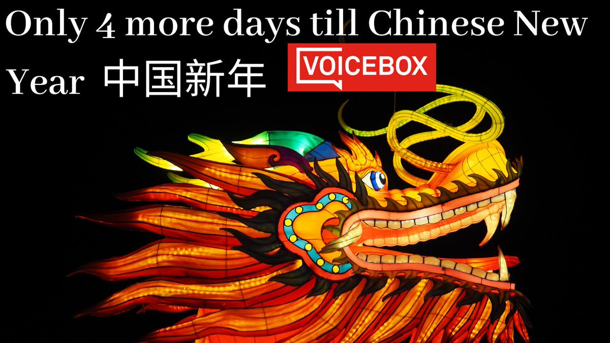 Only 4 more days till Chinese New Year - then the phrase 'Chinese New Year' repeated in simplified Chinese characters, followed by the VoiceBox logo. There is a picture of a Chinese dragon in the background