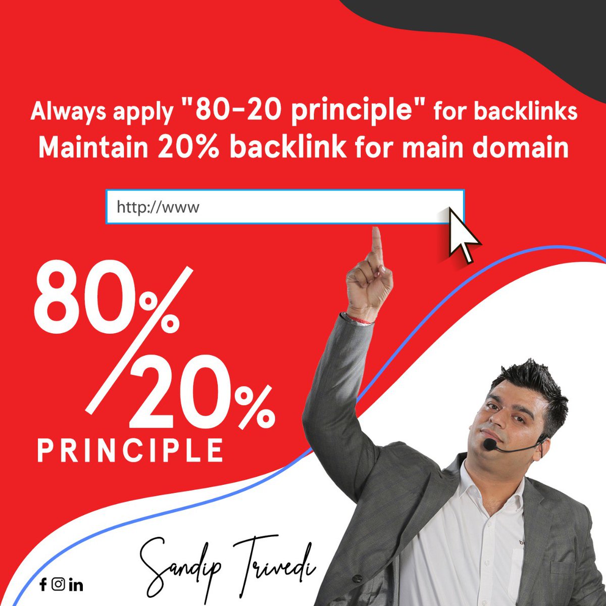 IMDigitalSandip's tweet image. Always apply &quot;80-20 principle&quot; for backlinks. 
Maintain 20% backlink for main domain.

#sandiptrivedi #backlinktips #digitalmarketingtips #seotips #neilpatel