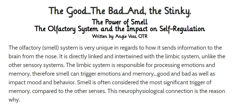 SINetwork's tweet photo. Hypersensitivity to smell is a common difficulty for individuals with #SensoryProcessing challenges and is associated with #anxiety, #selfregulation difficulties, #sensoryoverload and sensory #meltdowns: https://t.co/B63sKb9HvL

#olfactorysystem #smellsensitivity https://t.co/f2EfyRYeoz