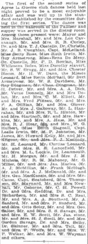 #100YearsAgoToday in #YYC: Après la guerre dance held in the <a href="/Fairmont_PAL/">Fairmont Palliser</a> ballroom (now the Alberta Room). Guests include Mayor R.C. Marshall &amp; his wife Daisy and #Titanic survivors Albert &amp; Vera Dick. Image via <a href="/UCalgaryLibrary/">UCalgary Libraries and Cultural Resources</a> #WWI