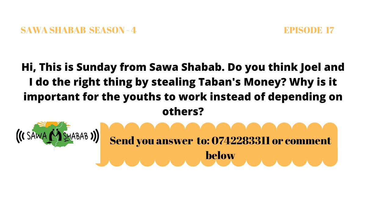 After live broadcast and discussion of <a href="/SawaShabab/">Sawa Shabab</a> Ep17 yesterday at 7:30pm, we asked this question, Do you think it is important for youths to work instead of depending on others? @PeaceTechLab <a href="/RadioMiraya/">Radio Miraya</a> #LifeSkills