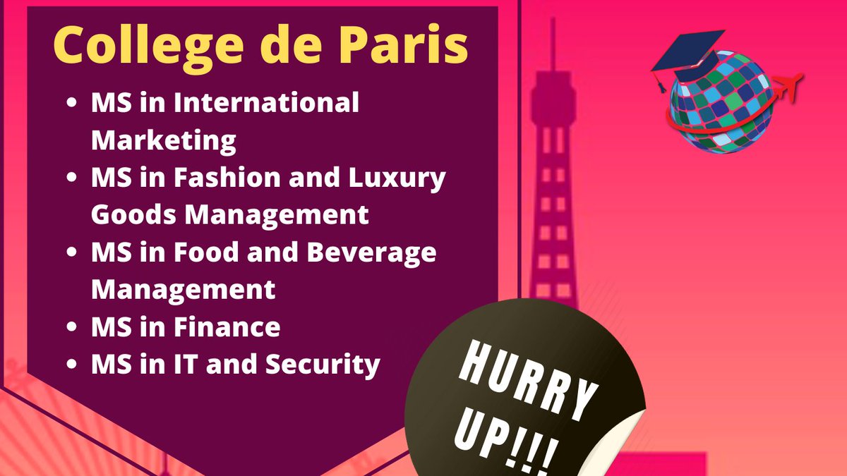 Want to #StudyInParis? 
Apply at #CollegeDeParis
Programs Offered by College De Paris
#MSInInternationalMarketing
#MSInFashionAndLuxuryGoodsManagement
#MSInFoodAndBeverageManagement
#MSInFinance
#MSInITAndSecurity
Apply soon for #Feb2020Intake. Limited Seats are available.