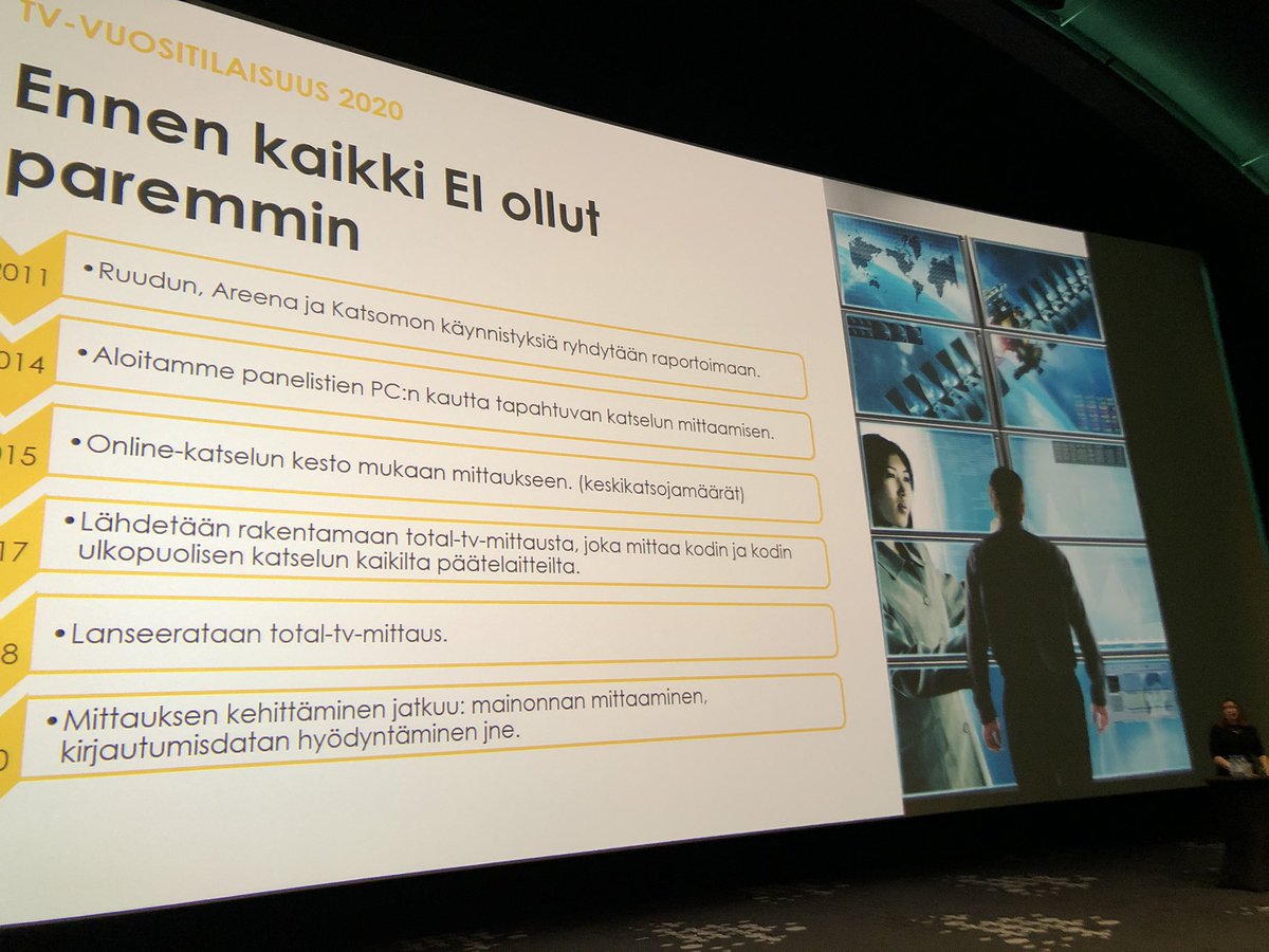 ScreenforceFIN's tweet image. ”Mittauksen kehittäminen jatkuu, mainonnan mittaaminen halutaan mukaan ja koetaan että kehitys pitää näkyä myös valuutassa.” kertoi Kati Alijoki, Sanomalta. #TVvuosi #screenforce