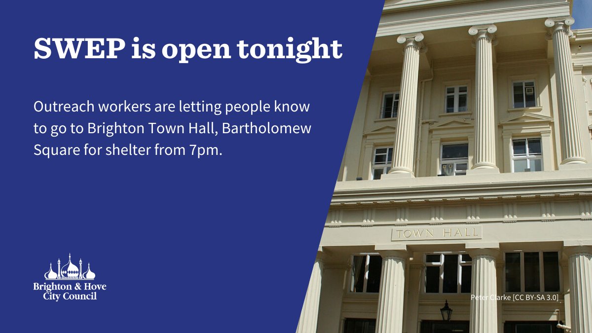 BrightonHoveCC's tweet photo. SWEP is open tonight (Tuesday 21 January).         

The severe weather emergency protocol shelter is open for all people who are sleeping rough in the city.           

➡️Find out more about help for rough sleepers: https://t.co/X6ZecquyKg https://t.co/FhkQZnIgDp