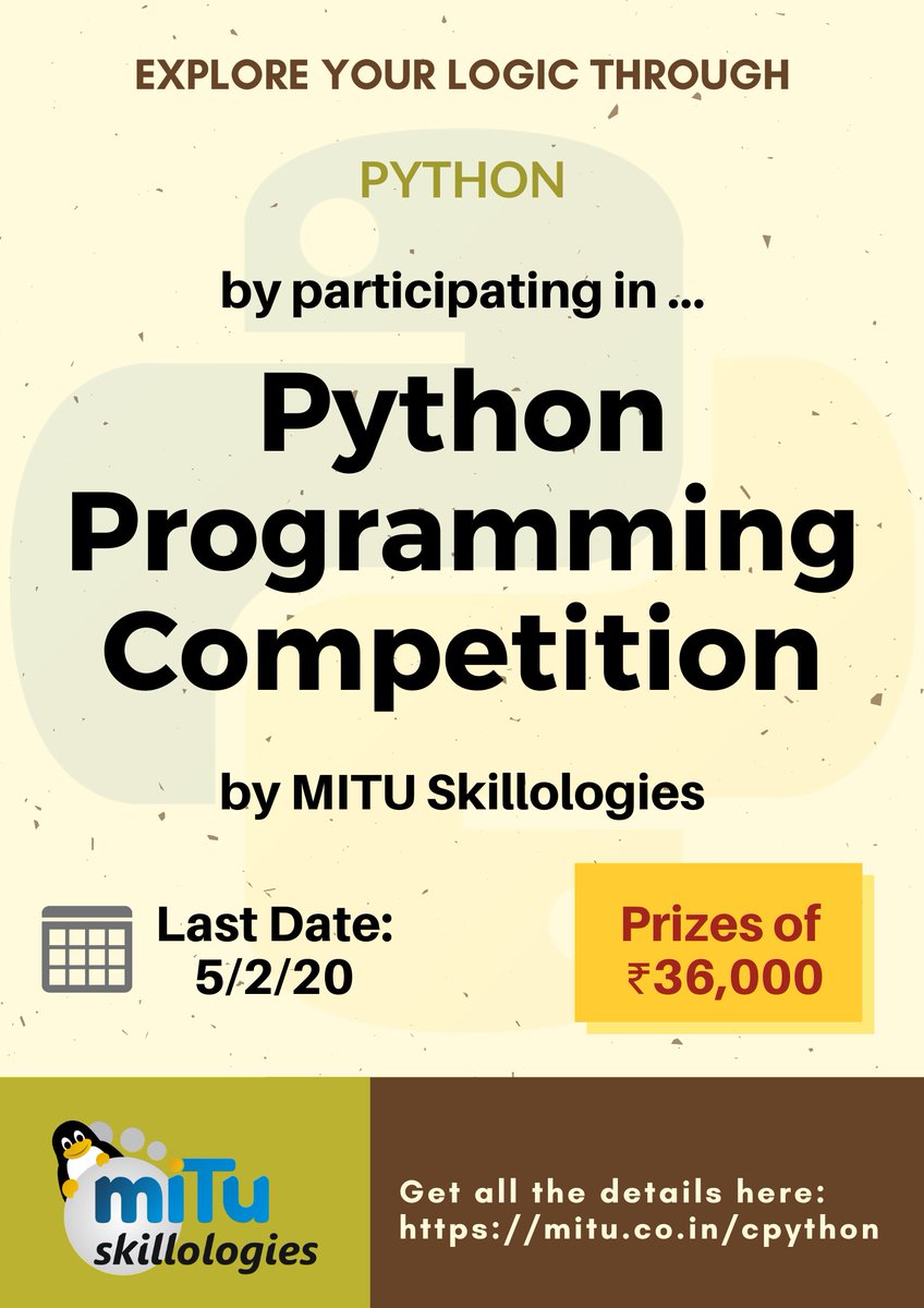 mitu_group's tweet image. #PythonProgramming #Python #PythonCompetition
mitu.co.in/cpython/