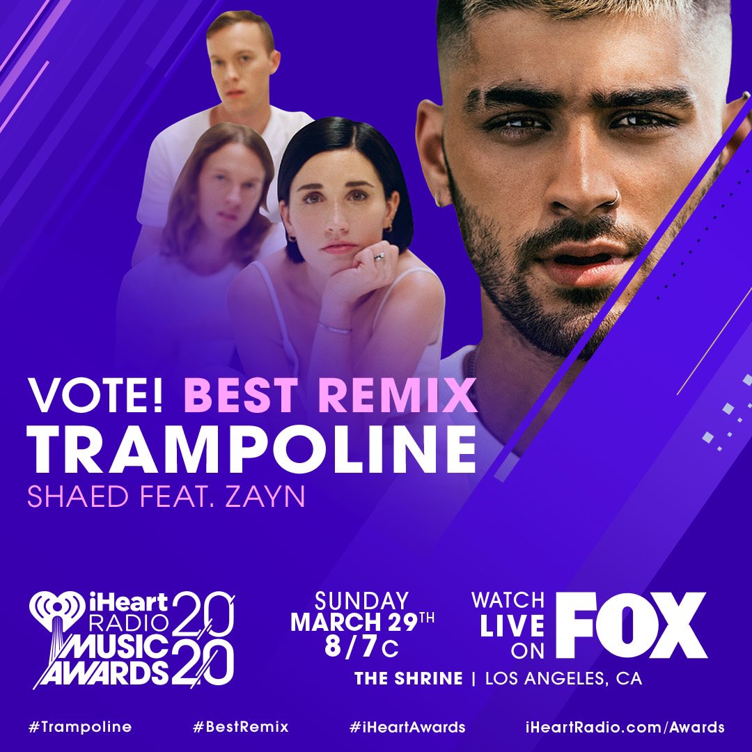 zayn on ".@shaedband we're nominated! 🤘🏽 Vote for #trampoline for #bestremix at the #iheartawards by RT'ing head to https://t.co/LRM7L3FbDa https://t.co/kOA0hM7nc6" / Twitter