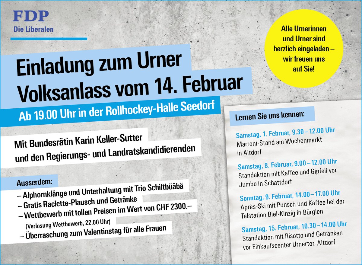 Urner Volksanlass vom 14. Februar 2020, alle sind herzlich eingeladen!