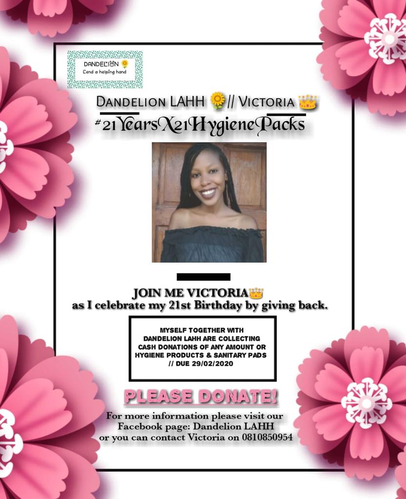 DandelionLahh's tweet photo. Join us as we celebrate @kxngvickii 21st birthday by giving back. She would like to gift 21 girls with hygiene packs. Kindly Dm us if you're interested in helping us reach our goal 🎈🌻 #Vee21 #DandelionLAHH #HygienePackDrive #Charitytuesday https://t.co/Rw0Q22lsCZ