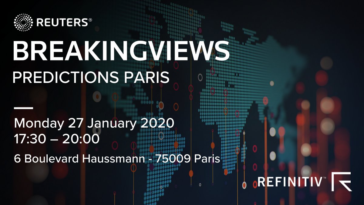 How can French companies expand abroad, but preserve their French legacy in the process? Join @Breakingviews and the bosses of Euronext, Eurazeo, Zaoui & Co and Technicolor in Paris on Jan. 27 for a high-level panel discussion on 2020.
RSVP here: https://refini.tv/36c4SIx